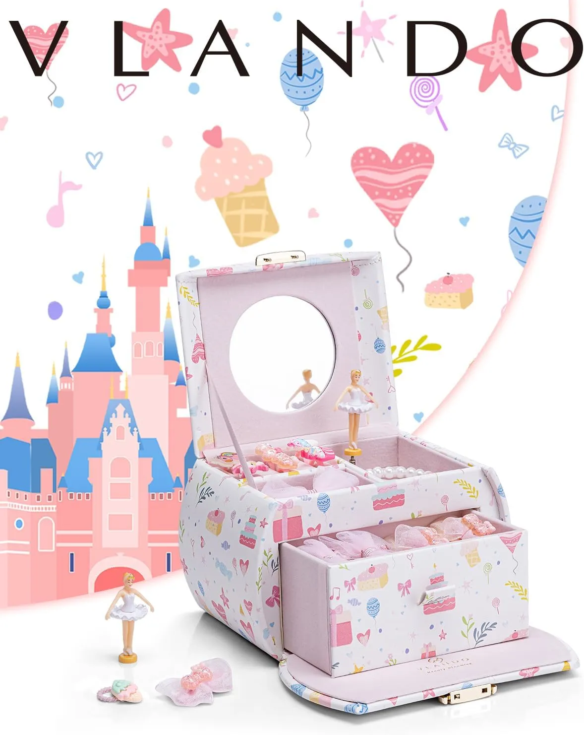 Vlando Musical Jewelry Box for Girls Kids with Drawer, Music Box with Ballerina and Stickers for Birthday Bedroom Decor, Fantasy Princess
