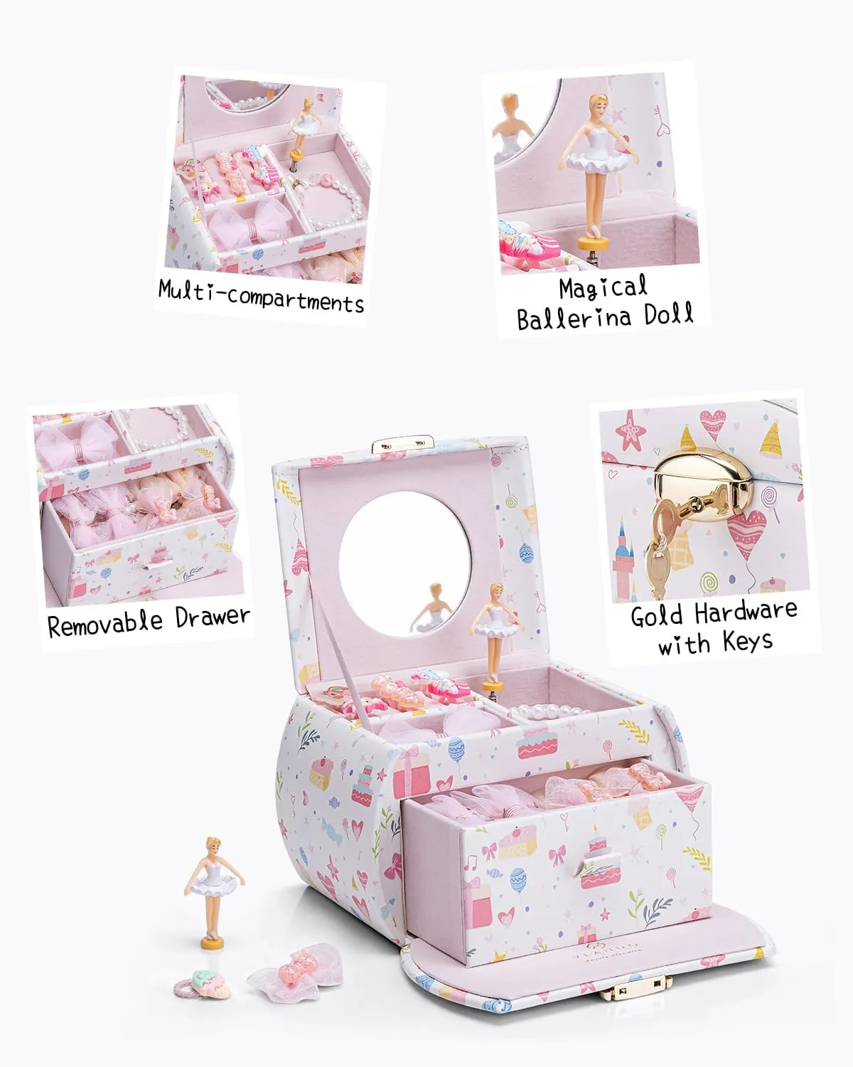 Vlando Musical Jewelry Box for Girls Kids with Drawer, Music Box with Ballerina and Stickers for Birthday Bedroom Decor, Fantasy Princess