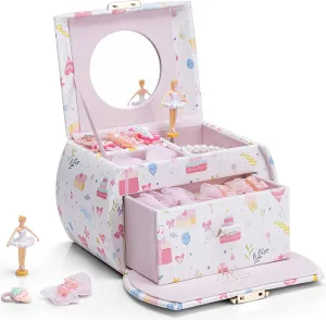 Vlando Musical Jewelry Box for Girls Kids with Drawer, Music Box with Ballerina and Stickers for Birthday Bedroom Decor, Fantasy Princess