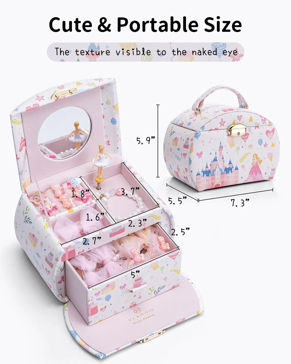Vlando Musical Jewelry Box for Girls Kids with Drawer, Music Box with Ballerina and Stickers for Birthday Bedroom Decor, Fantasy Princess