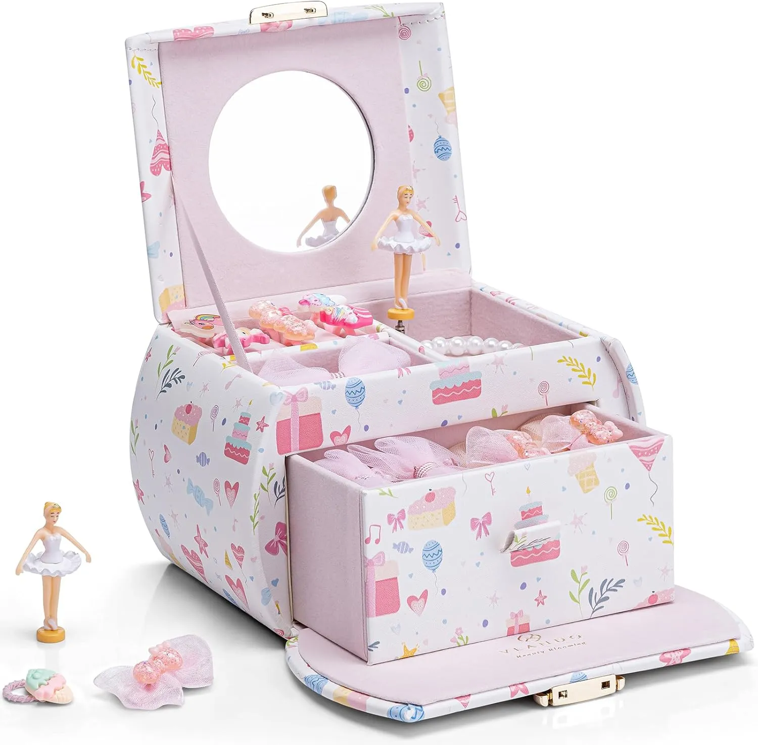 Vlando Musical Jewelry Box for Girls Kids with Drawer, Music Box with Ballerina and Stickers for Birthday Bedroom Decor, Fantasy Princess