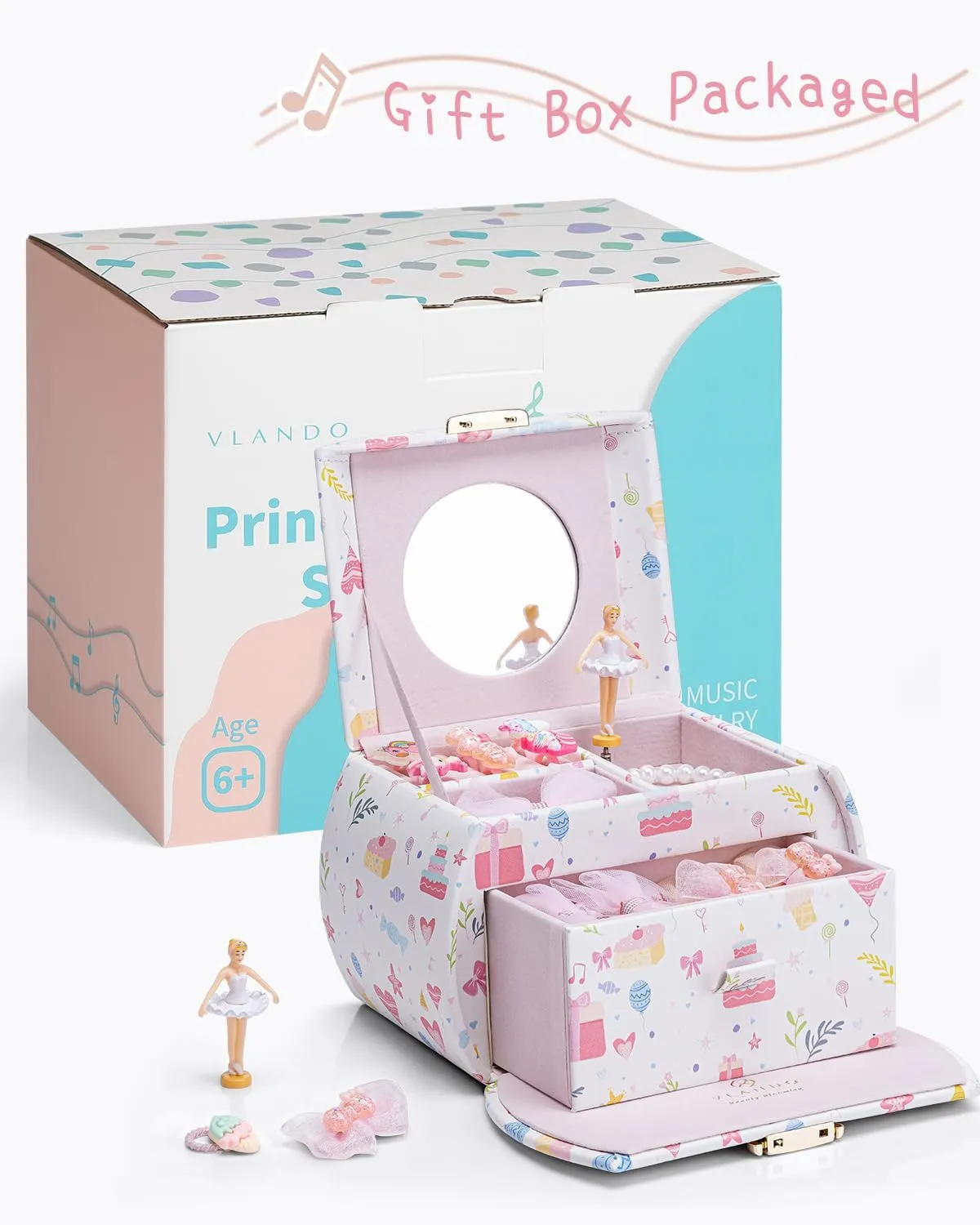 Vlando Musical Jewelry Box for Girls Kids with Drawer, Music Box with Ballerina and Stickers for Birthday Bedroom Decor, Fantasy Princess