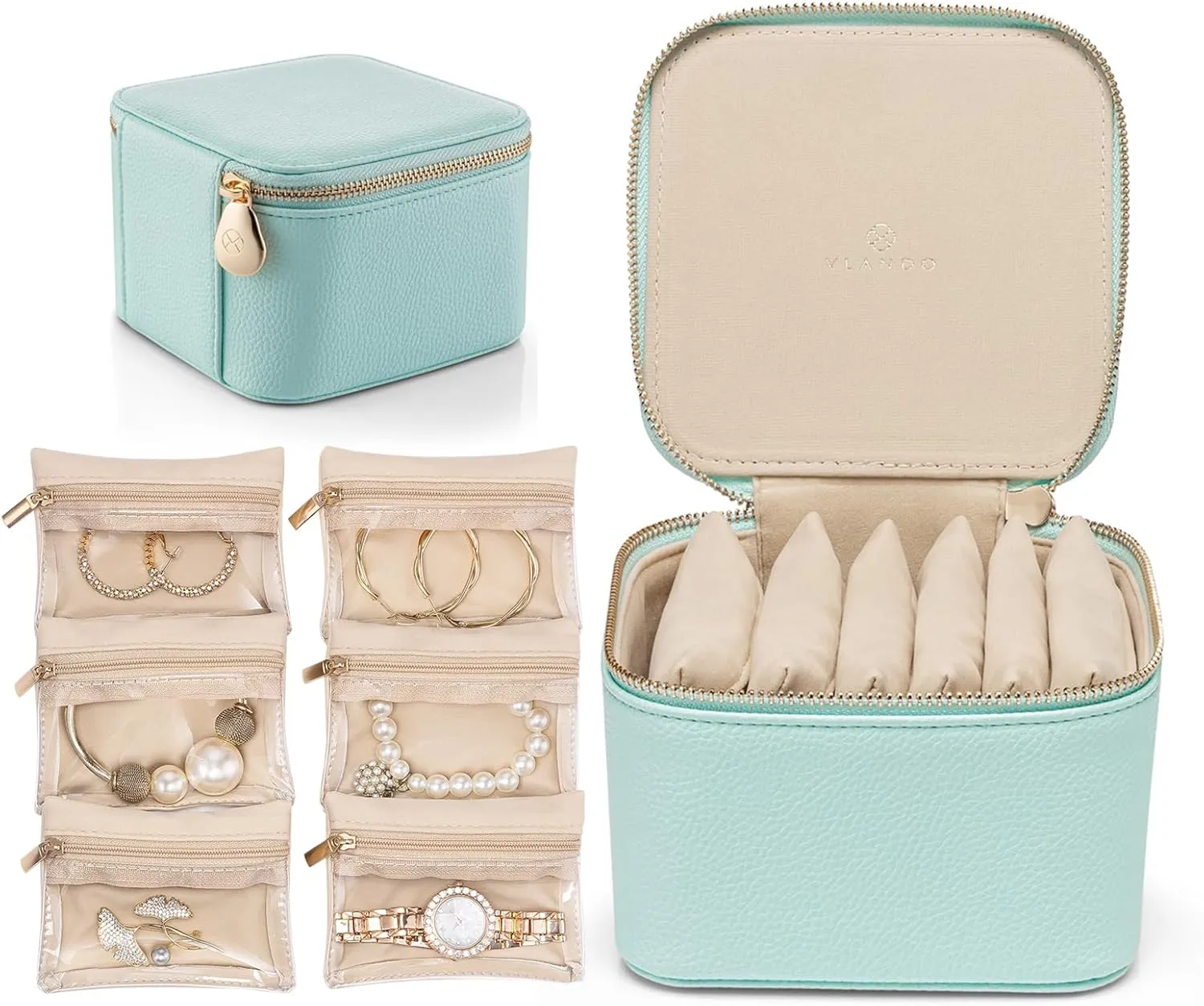 Vlando Travel Jewelry Box Organizer - 6 Small Velvet Zipped Pouches Pockets for Jewelries Necklaces Rings Earrings Sorting Storage, Aqua Blue