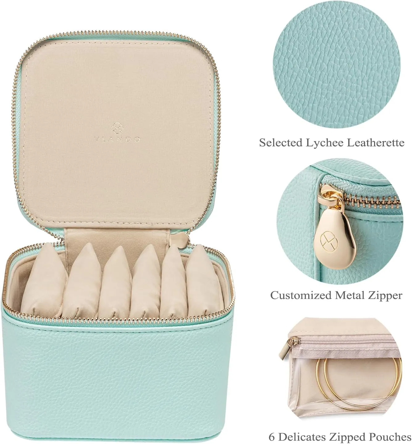Vlando Travel Jewelry Box Organizer - 6 Small Velvet Zipped Pouches Pockets for Jewelries Necklaces Rings Earrings Sorting Storage, Aqua Blue