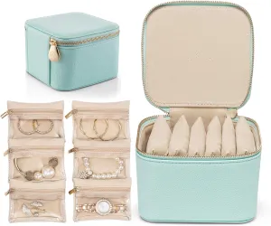 Vlando Travel Jewelry Box Organizer - 6 Small Velvet Zipped Pouches Pockets for Jewelries Necklaces Rings Earrings Sorting Storage, Aqua Blue