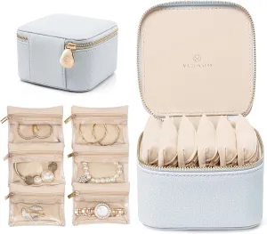 Vlando Travel Jewelry Box Organizer - 6 Small Velvet Zipped Pouches Pockets for Jewelries Necklaces Rings Earrings Sorting Storage, Baby Blue
