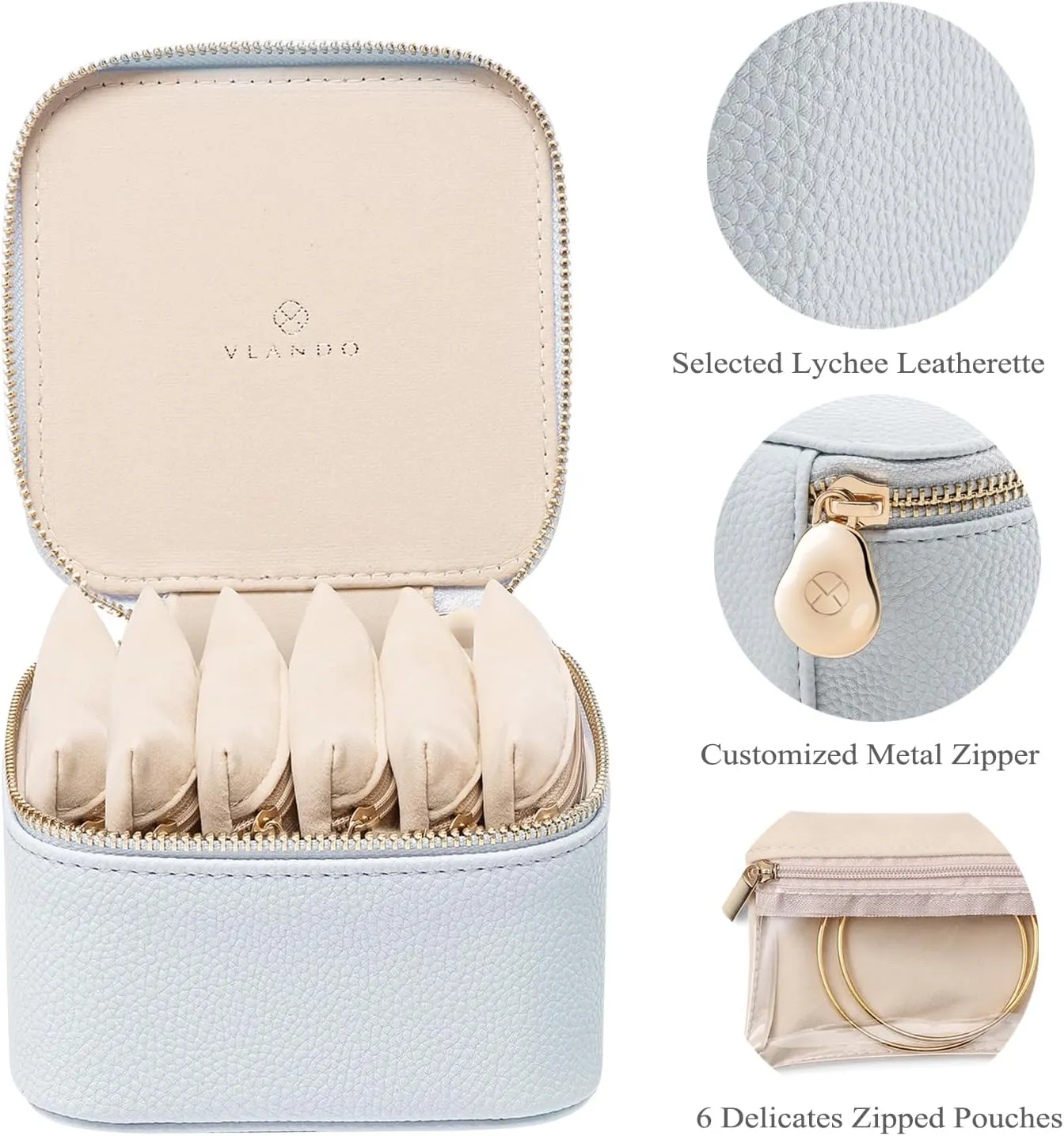 Vlando Travel Jewelry Box Organizer - 6 Small Velvet Zipped Pouches Pockets for Jewelries Necklaces Rings Earrings Sorting Storage, Baby Blue