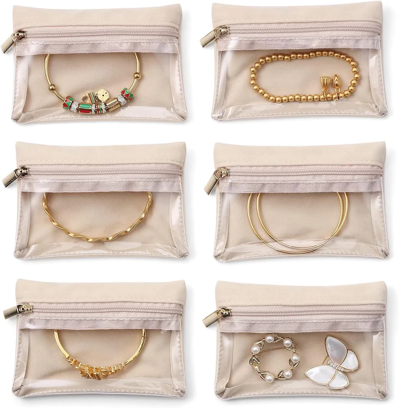 Vlando Travel Jewelry Box Organizer - 6 Small Velvet Zipped Pouches Pockets for Jewelries Necklaces Rings Earrings Sorting Storage, Offwhite
