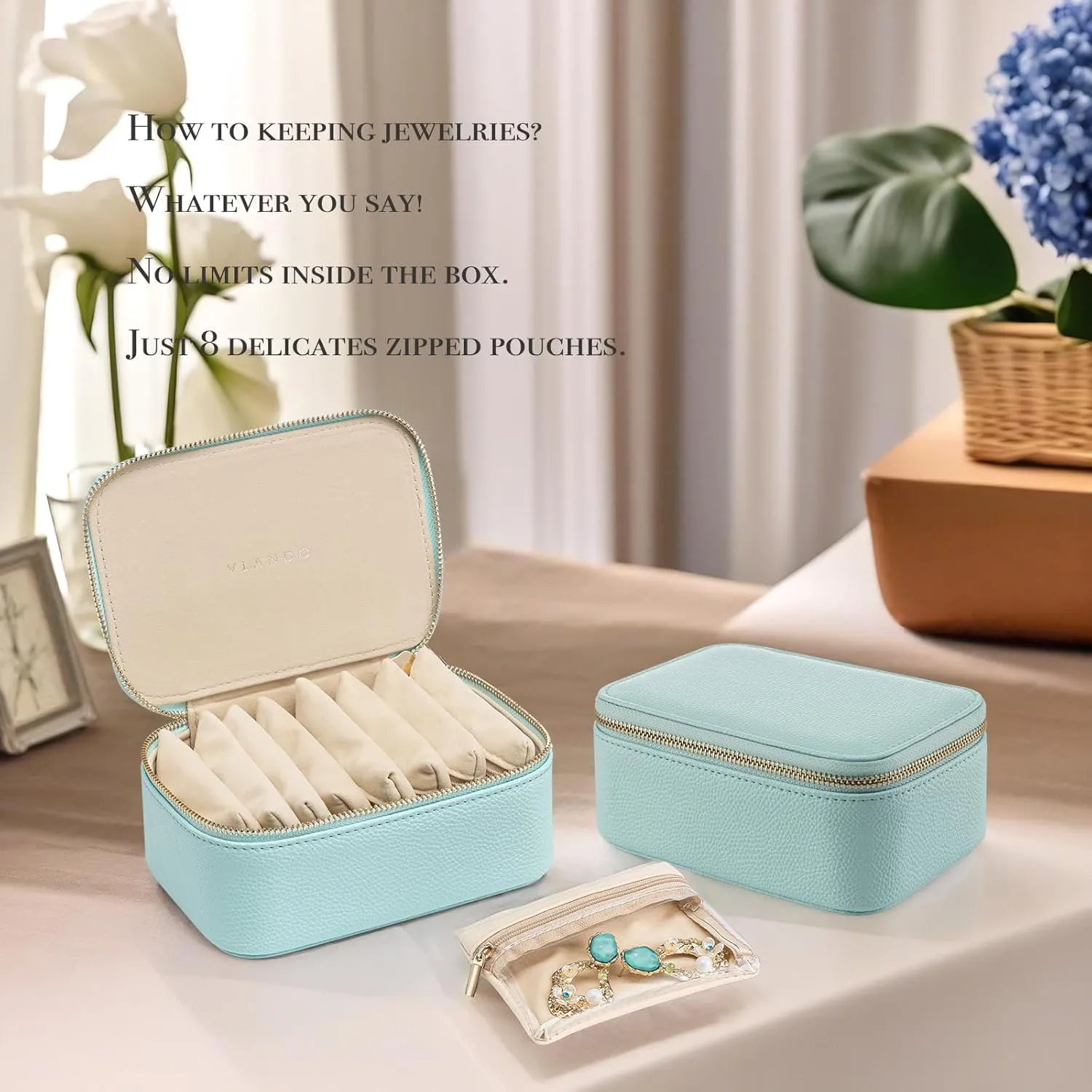 Vlando Travel Jewelry Box Organizer - 8 Small Velvet Zipped Pouches Pockets for Jewelries Necklaces Rings Earrings Sorting Storage, Aqua Blue