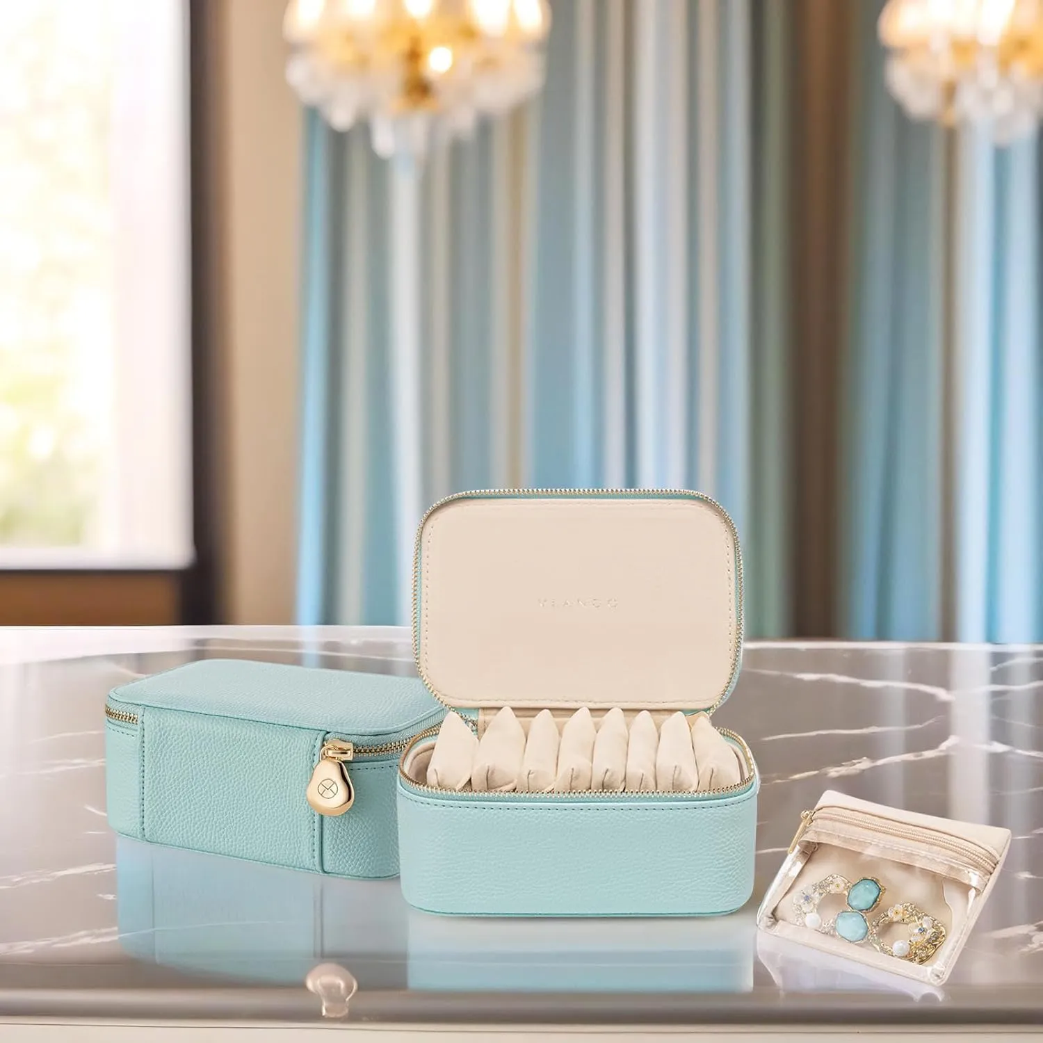 Vlando Travel Jewelry Box Organizer - 8 Small Velvet Zipped Pouches Pockets for Jewelries Necklaces Rings Earrings Sorting Storage, Aqua Blue