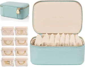 Vlando Travel Jewelry Box Organizer - 8 Small Velvet Zipped Pouches Pockets for Jewelries Necklaces Rings Earrings Sorting Storage, Aqua Blue