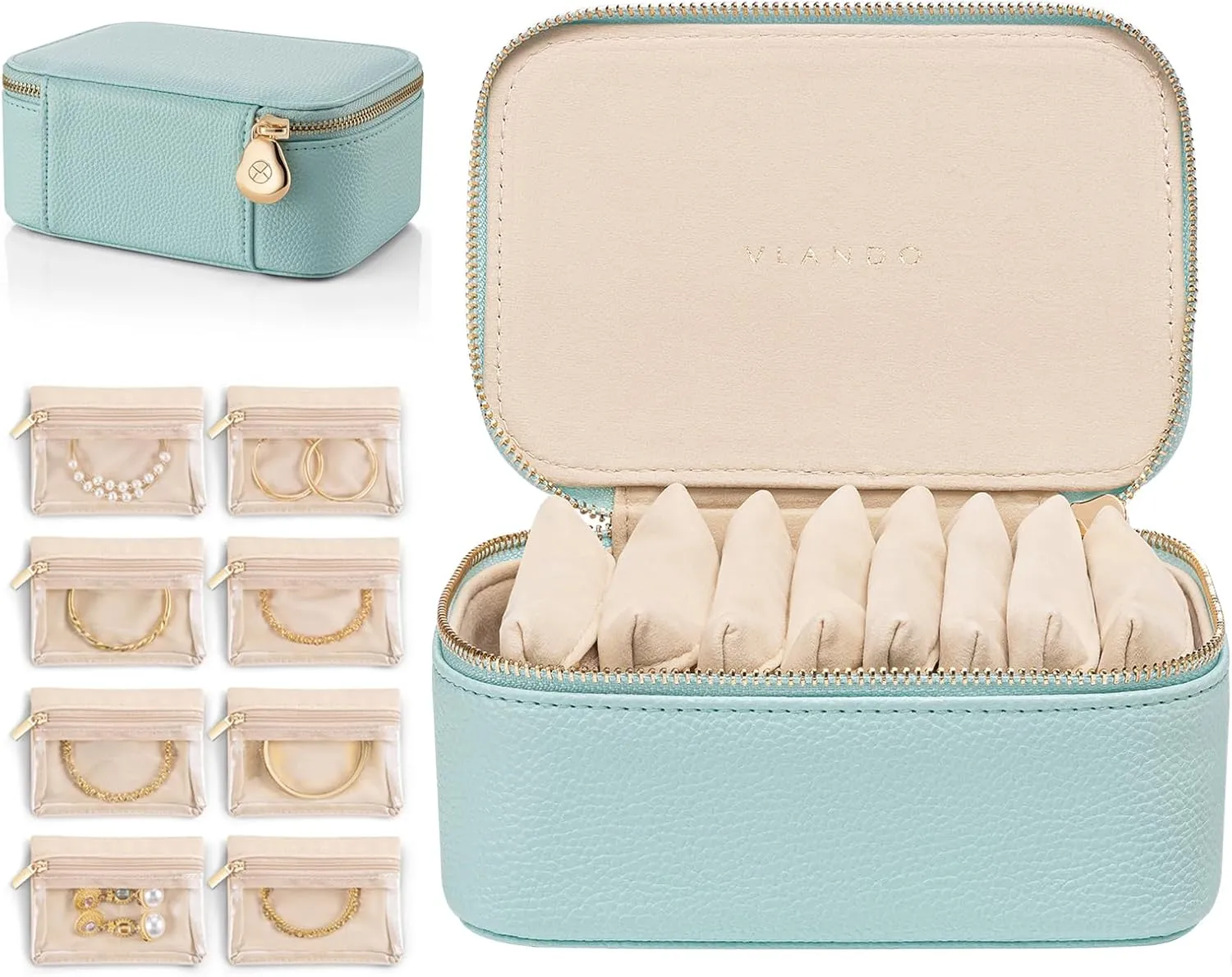 Vlando Travel Jewelry Box Organizer - 8 Small Velvet Zipped Pouches Pockets for Jewelries Necklaces Rings Earrings Sorting Storage, Aqua Blue