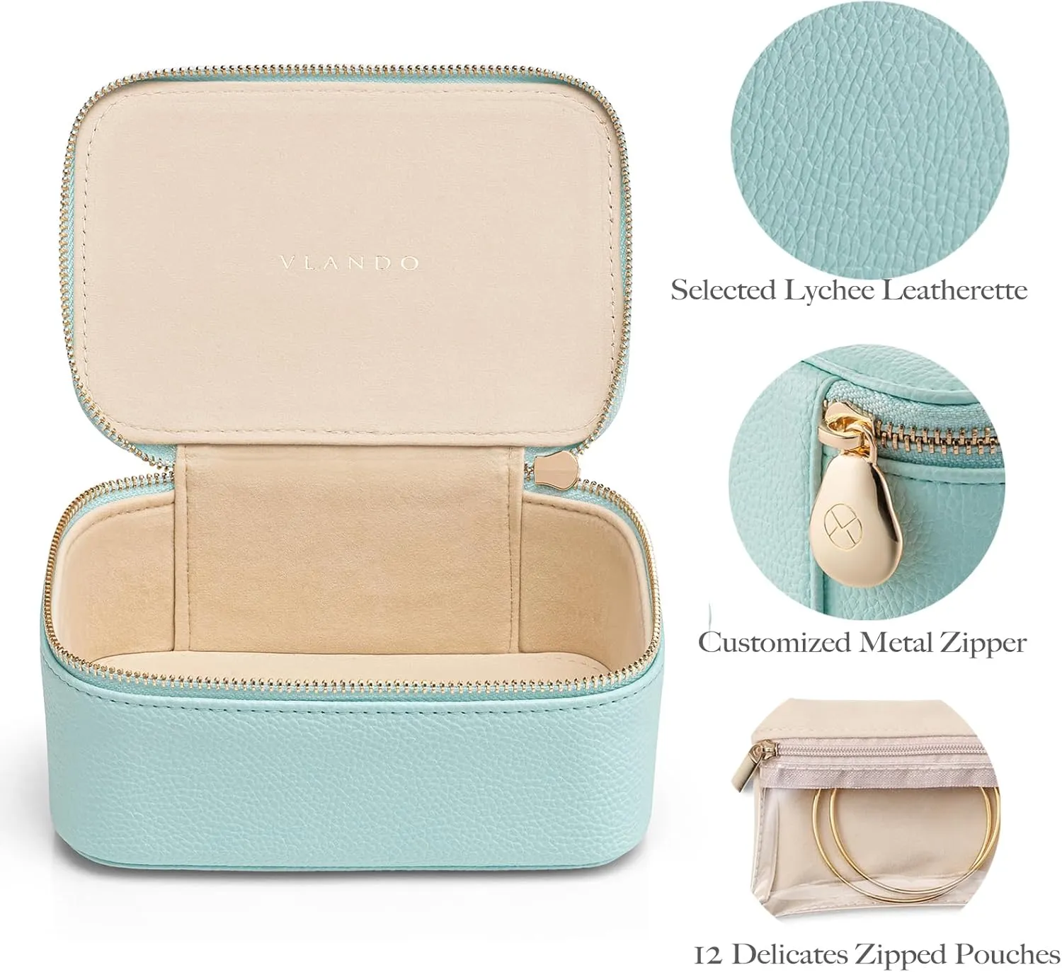 Vlando Travel Jewelry Box Organizer - 8 Small Velvet Zipped Pouches Pockets for Jewelries Necklaces Rings Earrings Sorting Storage, Aqua Blue