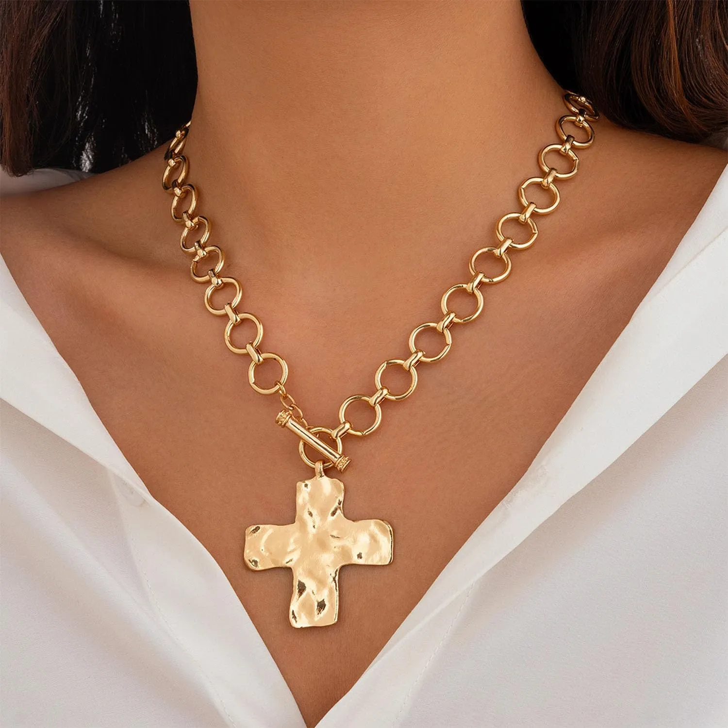 Volare Gold Cross Necklace for Women Chunky Gold Necklace Large Cross Pendant Statement Necklace Layerd Chunky Necklace OT Chain Necklace for Women Jeweley