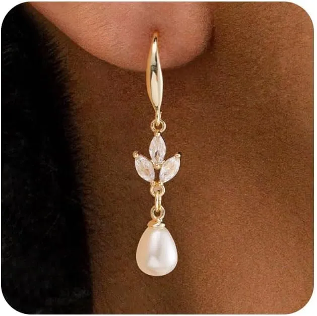 VRIUA Wedding Earrings for Brides - 14K Gold Plated Dainty Diamond Pearl Drop Earrings Trendy Jewelry
