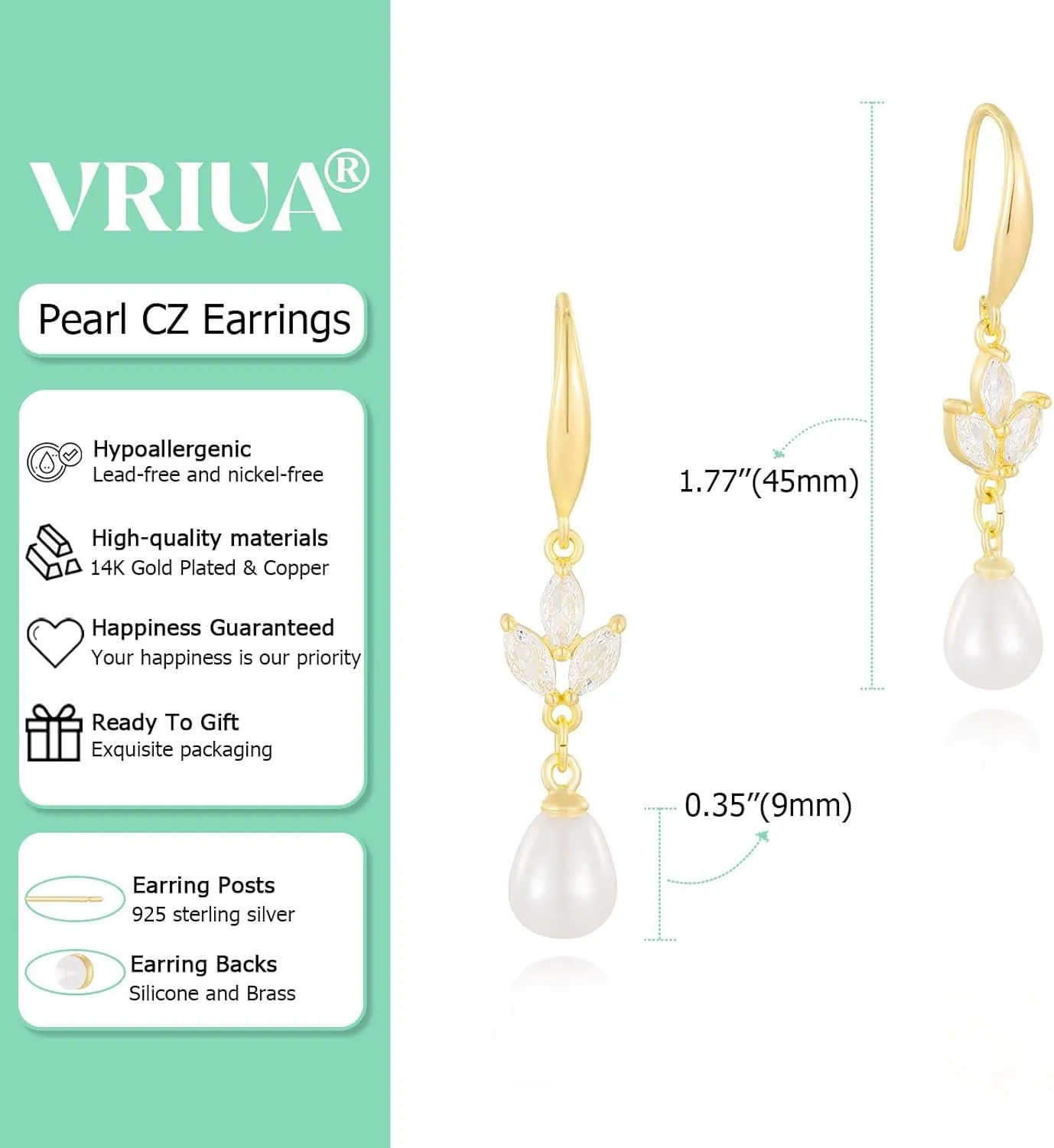 VRIUA Wedding Earrings for Brides - 14K Gold Plated Dainty Diamond Pearl Drop Earrings Trendy Jewelry
