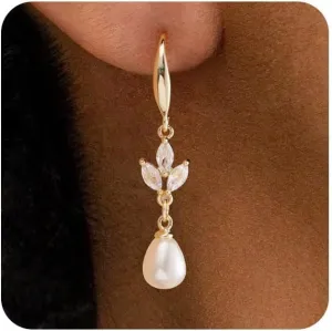VRIUA Wedding Earrings for Brides - 14K Gold Plated Dainty Diamond Pearl Drop Earrings Trendy Jewelry