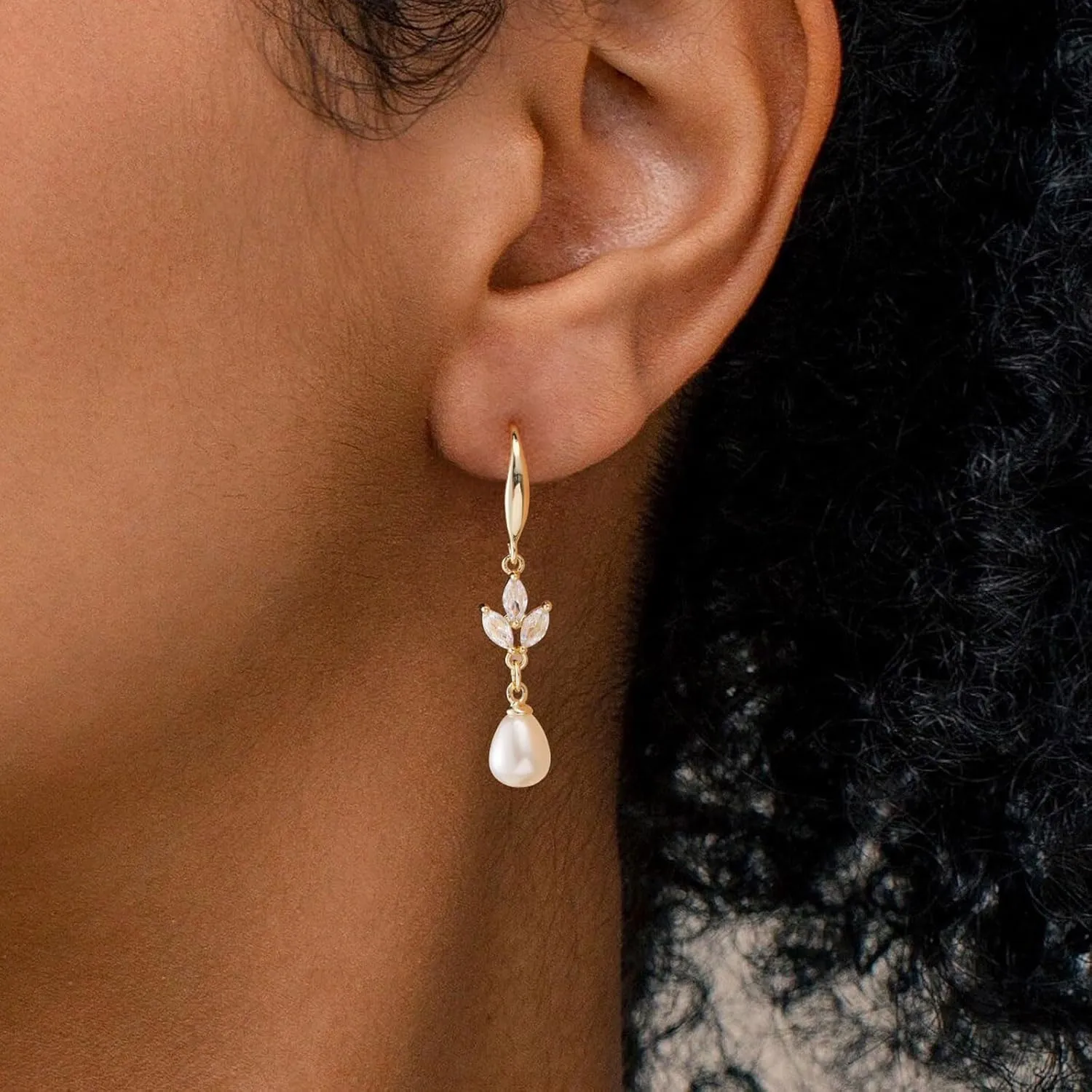 VRIUA Wedding Earrings for Brides - 14K Gold Plated Dainty Diamond Pearl Drop Earrings Trendy Jewelry