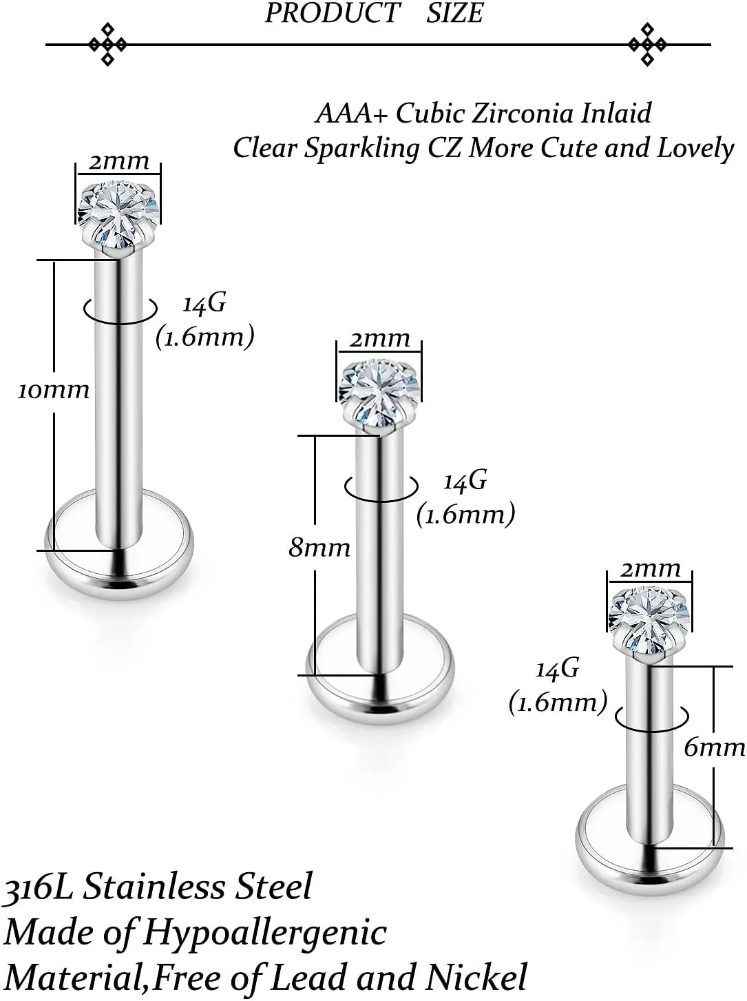 Vsnnsns 14G Lip Rings Stainless Steel Tragus Helix Conch Piercing Jewelry Snake Bite Piercing Monroe Lip Rings Labret Medusa Cartilage Lobe Earrings Studs Piercing Jewelry 6MM 8MM 10MM Silver 18PCS
