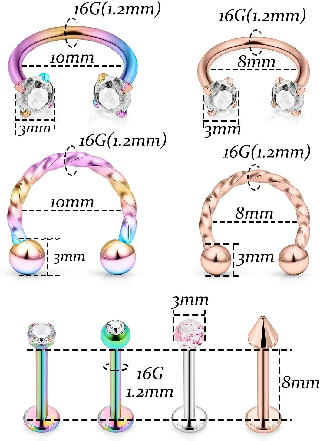 Vsnnsns 16G Lip Rings Stainless Steel Horseshoe Snake Bite Monroe Labret Medusa Lip Piercing Jewelry Tragus Daith Forward Helix Conch Cartilage Earrings Studs Piercing Jewelry for Women Men 16 Gauge