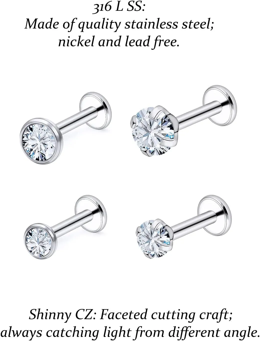 Vsnnsns 16G Lip Rings Stainless Steel Tragus Helix Conch Piercing Jewelry Snake Bite Piercing Monroe Lip Rings Labret Medusa Cartilage Lobe Earrings Piercing Jewelry CZ 2MM 2.5MM 3MM 3.5MM 4MM 4.5MM