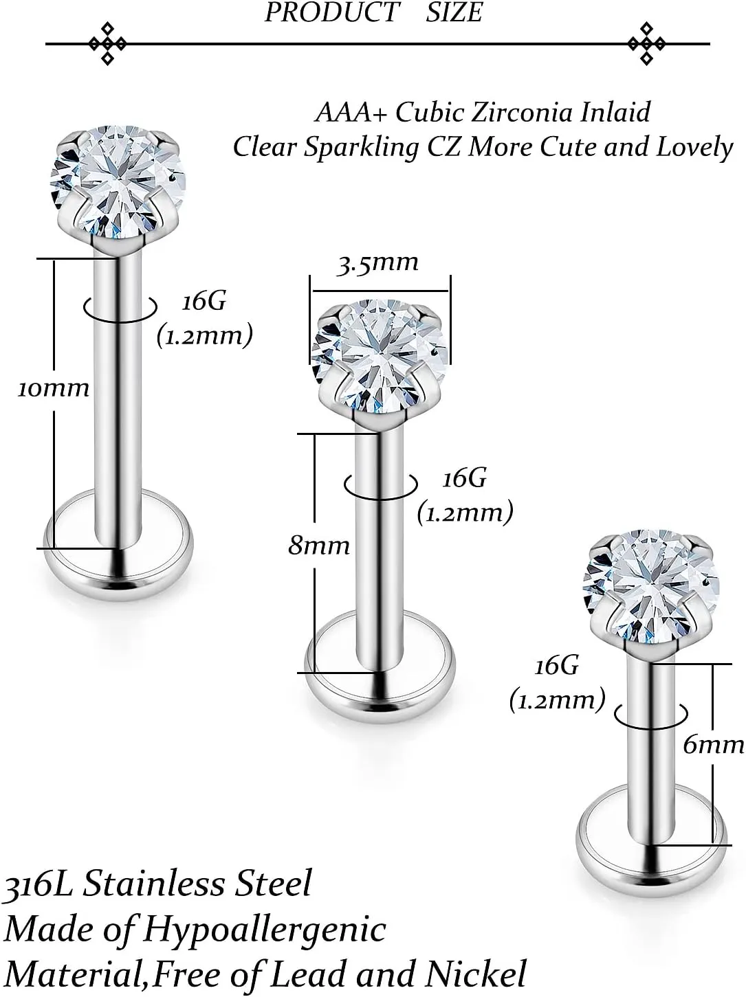 Vsnnsns 16G Lip Rings Stainless Steel Tragus Helix Conch Piercing Jewelry Snake Bite Piercing Monroe Lip Rings Labret Medusa Cartilage Lobe Earrings Studs Piercing Jewelry 6MM 8MM 10MM Silver 18PCS