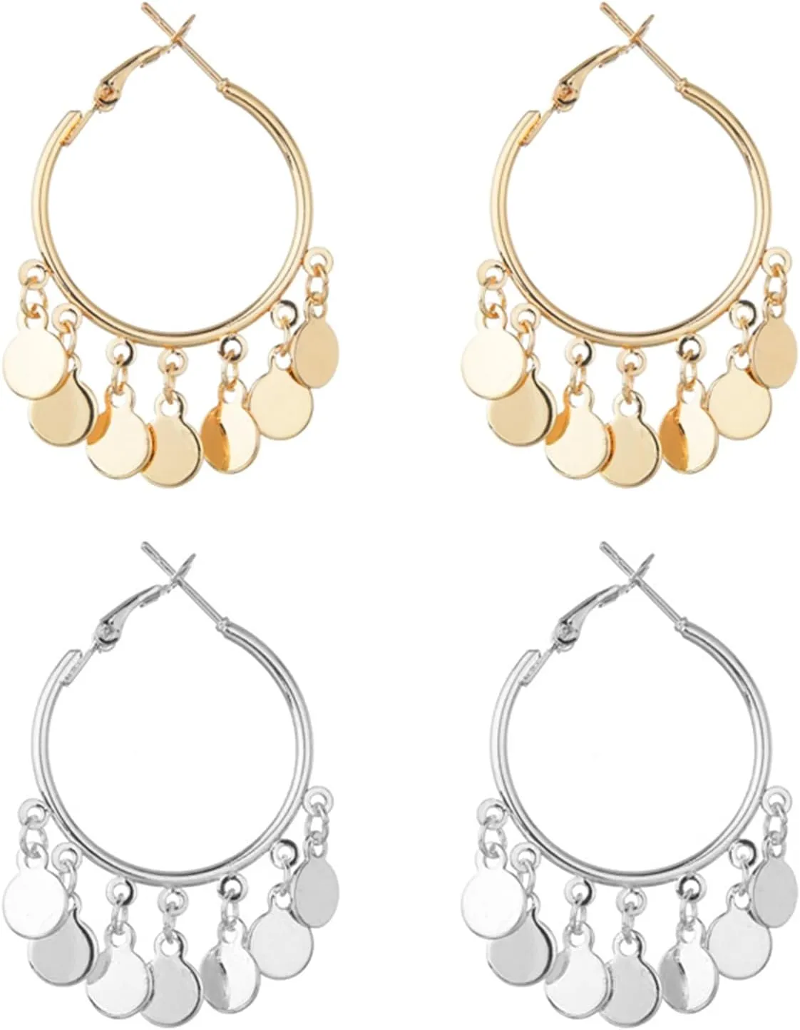 WCRAZYE Disc Hoop Earrings for Women Boho Long Statement Gold Silver Plated Lightweight Round Coin Geometric Flat Brushed Dainty Dangle Drop Earrings Minimalist Fashion Jewelry Gifts