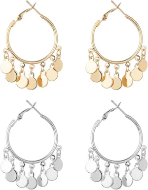WCRAZYE Disc Hoop Earrings for Women Boho Long Statement Gold Silver Plated Lightweight Round Coin Geometric Flat Brushed Dainty Dangle Drop Earrings Minimalist Fashion Jewelry Gifts