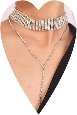 Wiwpar Layered Choker Necklace Rhinestones Necklace Fashion Multilayered Long Choker Necklaces Chains Silver for Women