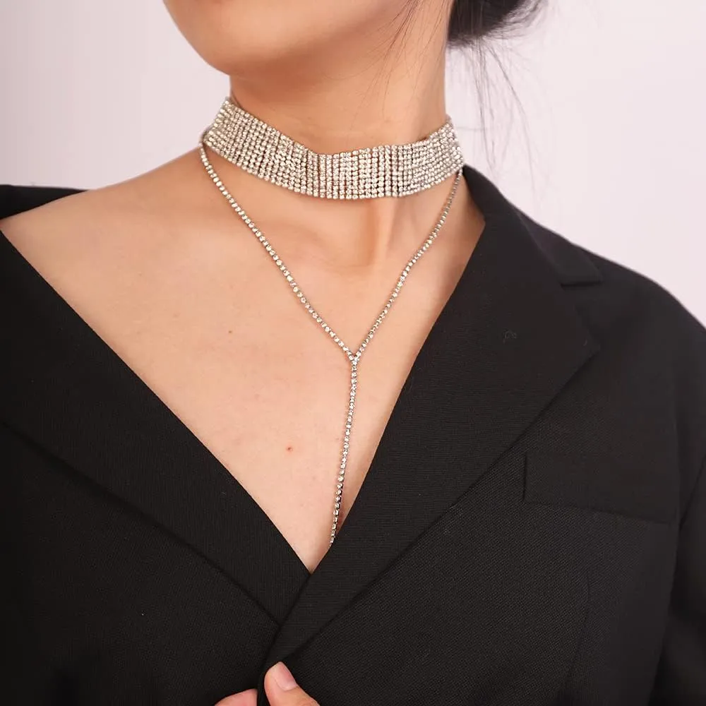 Wiwpar Layered Choker Necklace Rhinestones Necklace Fashion Multilayered Long Choker Necklaces Chains Silver for Women