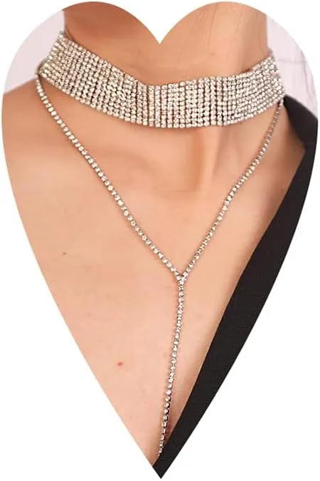 Wiwpar Layered Choker Necklace Rhinestones Necklace Fashion Multilayered Long Choker Necklaces Chains Silver for Women