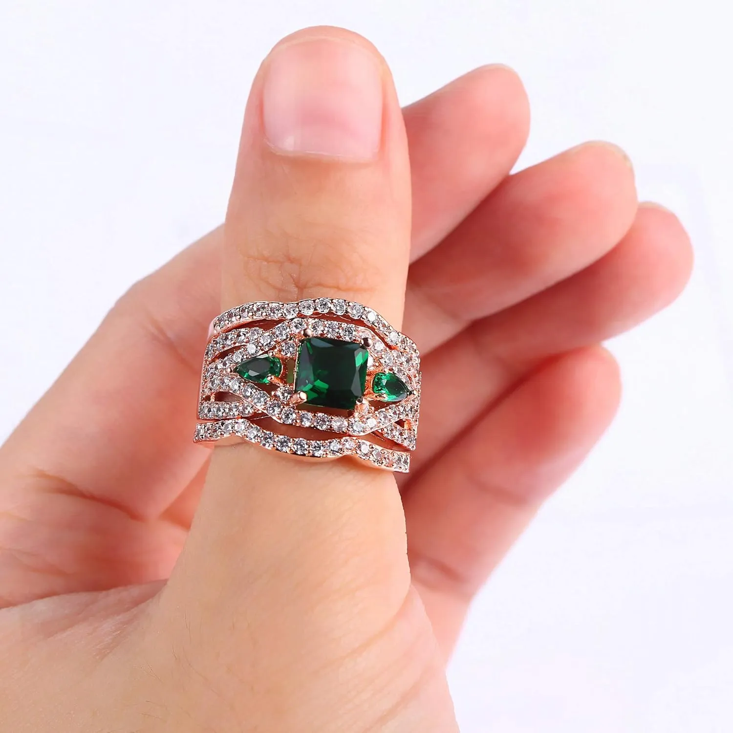 Women 3 PCS Vintage Gold Plated Wedding Engagement Rings Bridal Sets Princess Cut CZ Promise Rings for Couples