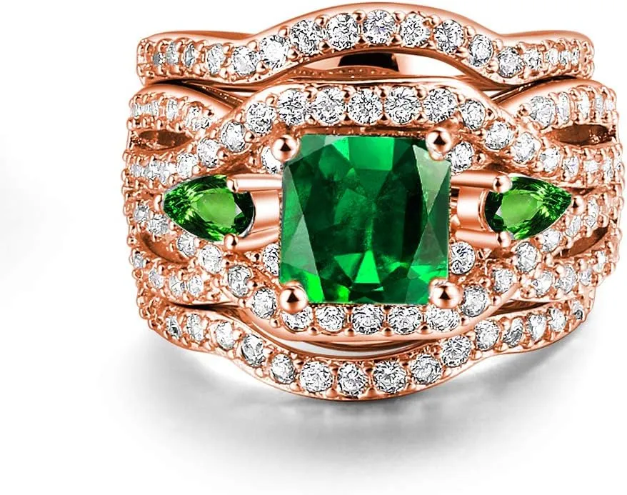 Women 3 PCS Vintage Gold Plated Wedding Engagement Rings Bridal Sets Princess Cut CZ Promise Rings for Couples