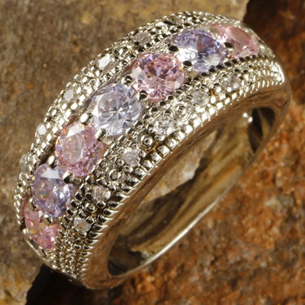 Women's 925 Sterling Silver Plated Round Created Pink Topaz & Amethyst Vintage Style Ring