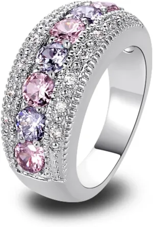 Women's 925 Sterling Silver Plated Round Created Pink Topaz & Amethyst Vintage Style Ring