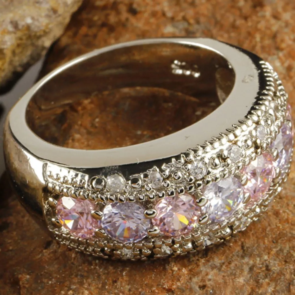 Women's 925 Sterling Silver Plated Round Created Pink Topaz & Amethyst Vintage Style Ring