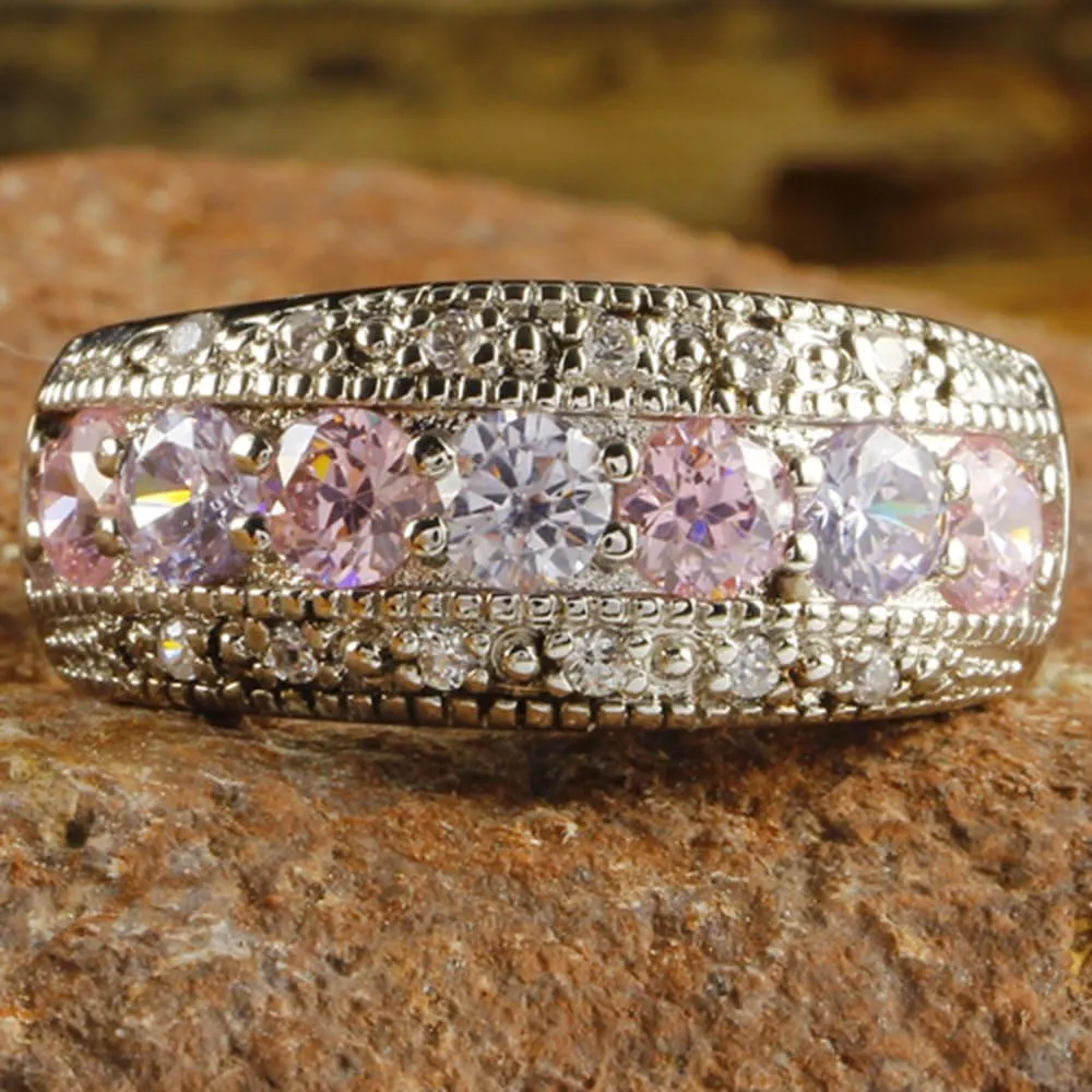 Women's 925 Sterling Silver Plated Round Created Pink Topaz & Amethyst Vintage Style Ring