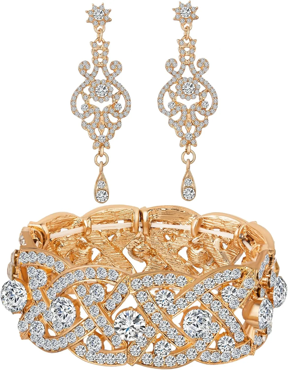 Womens Rhinestone Crystal Wedding Bridal Bridesmaid Tennis Bangles Statement Elastic Stretch Bracelets Rhinestone Chandelier Wedding Bridal Drop Dangle Earrings Jewelry Sets