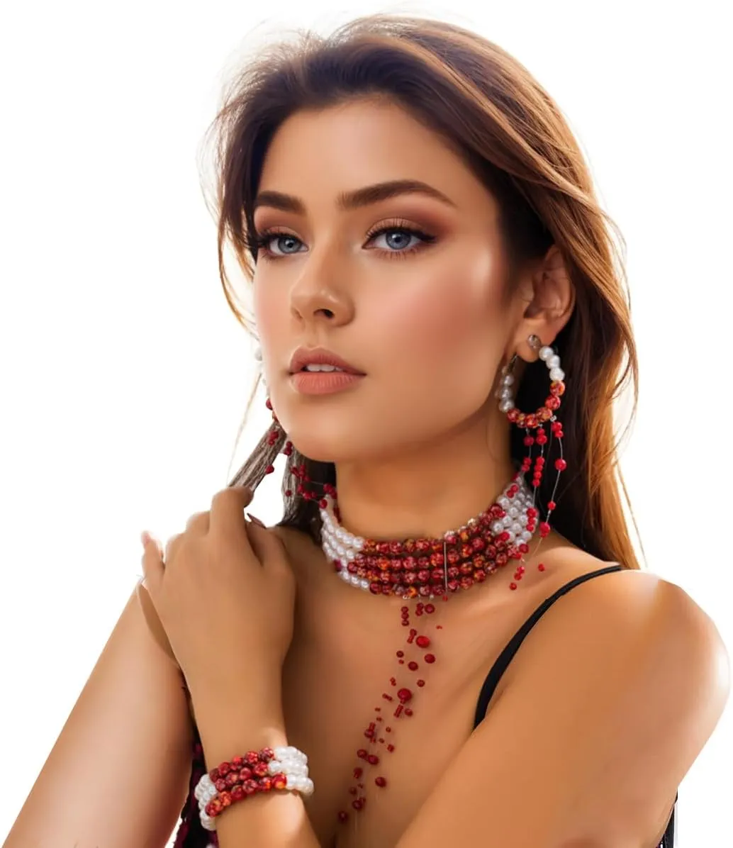 Womens Vampire Dripping Blood Imitation Pearl Necklace Jewelry Set Gothic Bloody Halloween Party Costume Accessores