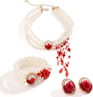 Womens Vampire Dripping Blood Imitation Pearl Necklace Jewelry Set Gothic Bloody Halloween Party Costume Accessores