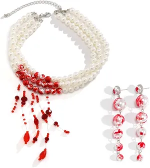 Womens Vampire Dripping Blood Imitation Pearl Necklace Jewelry Set Gothic Bloody Halloween Party Costume Accessores