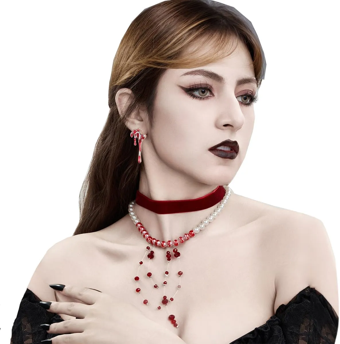 Womens Vampire Dripping Blood Imitation Pearl Necklace Jewelry Set Gothic Bloody Halloween Party Costume Accessores