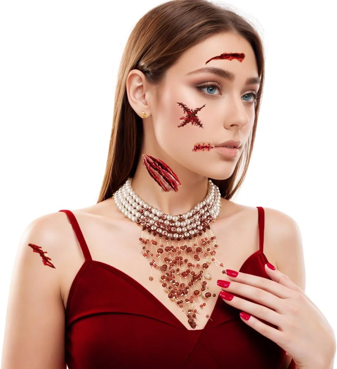 Womens Vampire Dripping Blood Imitation Pearl Necklace Jewelry Set Gothic Bloody Halloween Party Costume Accessores