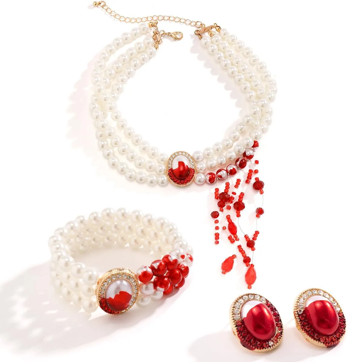 Womens Vampire Dripping Blood Imitation Pearl Necklace Jewelry Set Gothic Bloody Halloween Party Costume Accessores