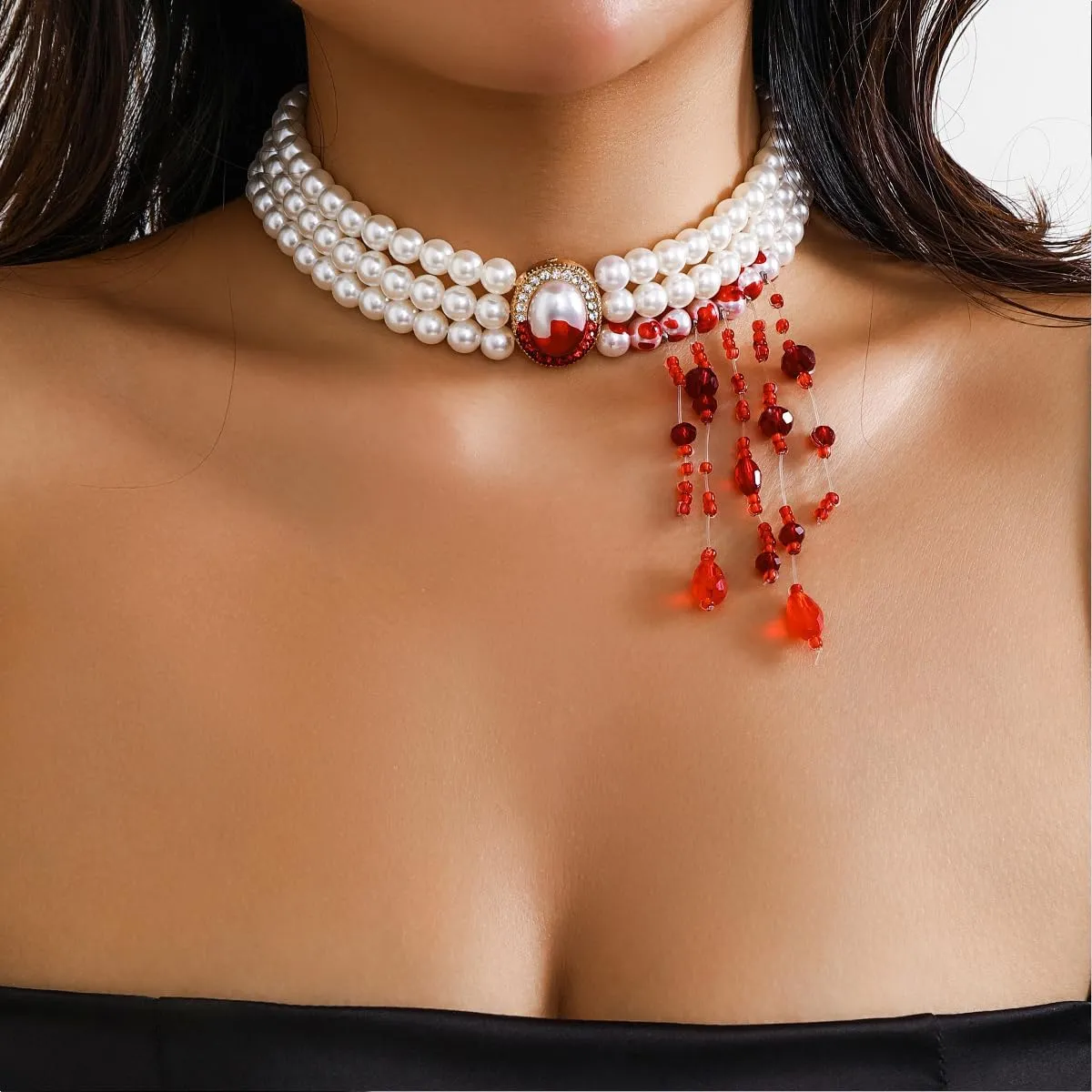 Womens Vampire Dripping Blood Imitation Pearl Necklace Jewelry Set Gothic Bloody Halloween Party Costume Accessores