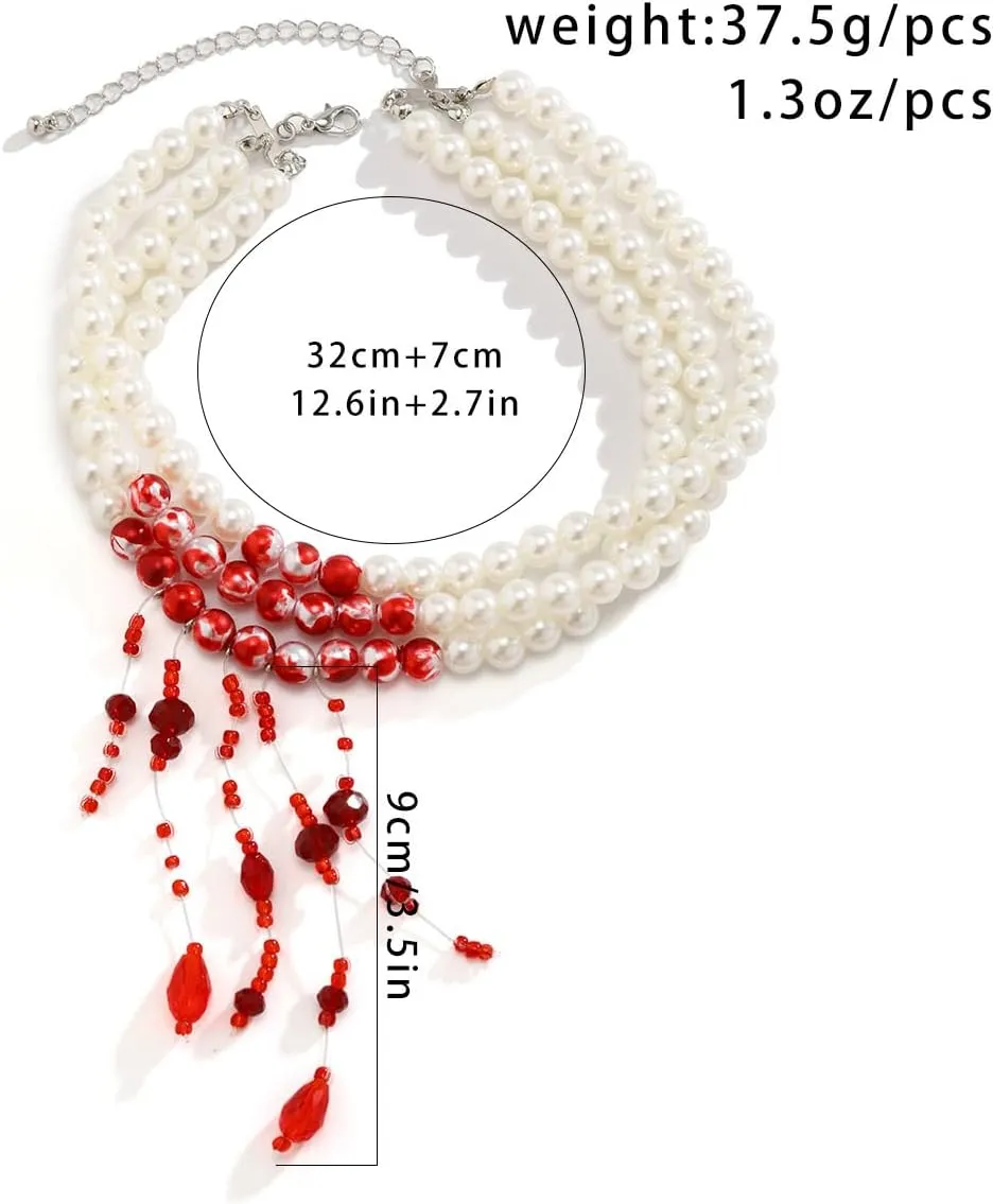 Womens Vampire Dripping Blood Imitation Pearl Necklace Jewelry Set Gothic Bloody Halloween Party Costume Accessores