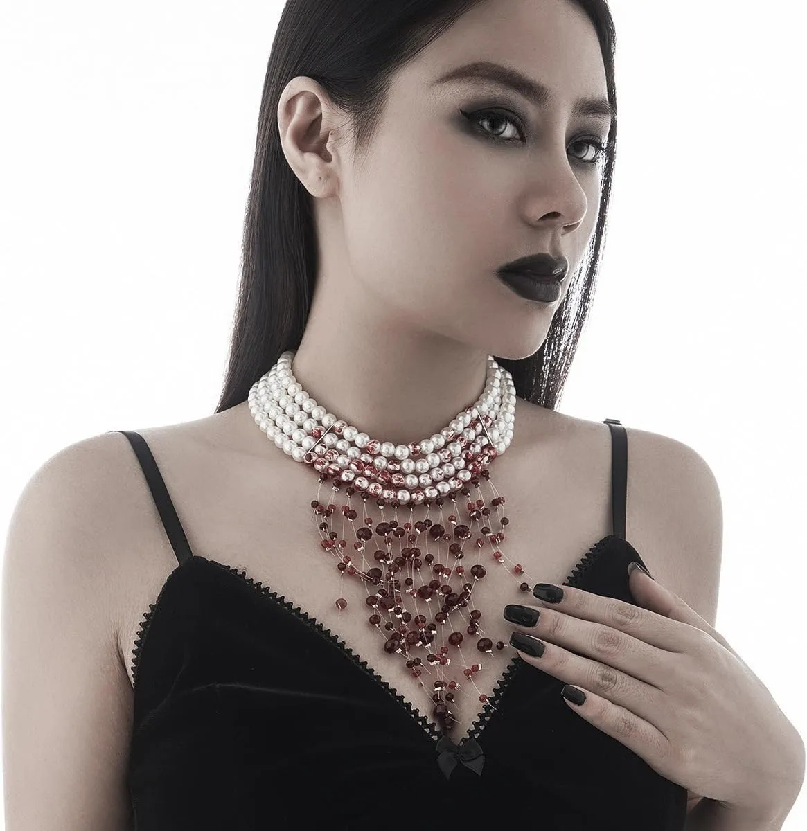 Womens Vampire Dripping Blood Imitation Pearl Necklace Jewelry Set Gothic Bloody Halloween Party Costume Accessores