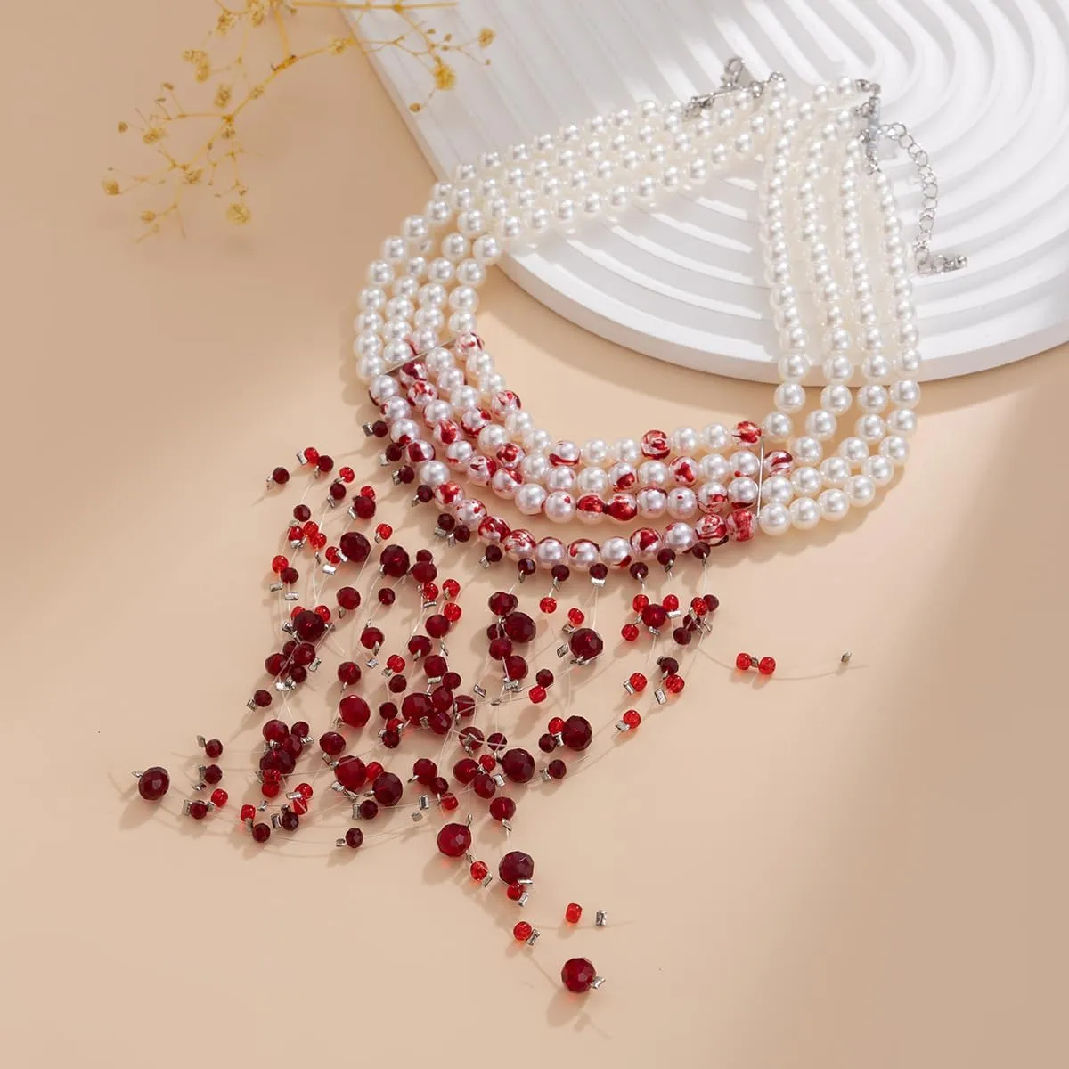 Womens Vampire Dripping Blood Imitation Pearl Necklace Jewelry Set Gothic Bloody Halloween Party Costume Accessores