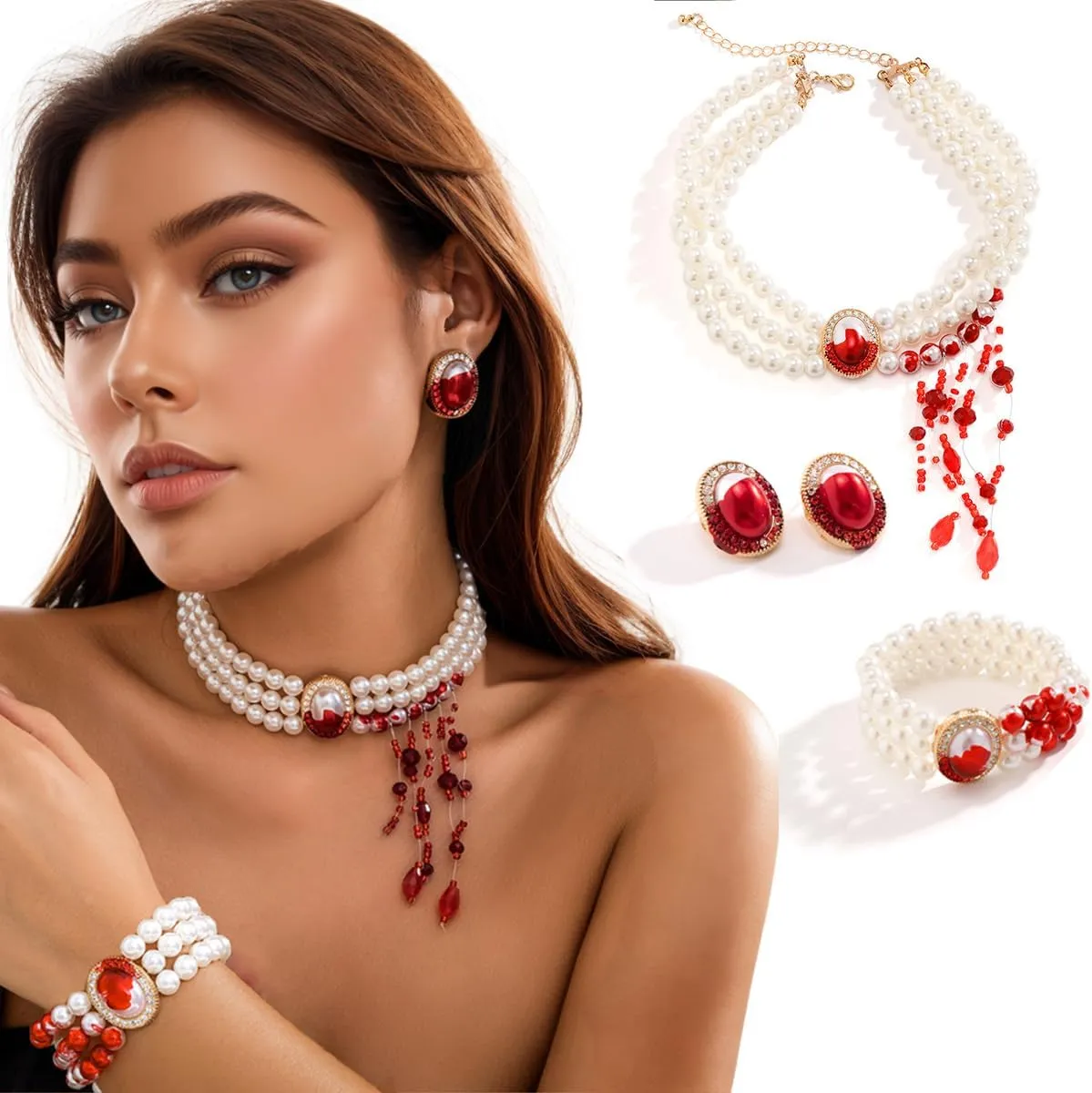 Womens Vampire Dripping Blood Imitation Pearl Necklace Jewelry Set Gothic Bloody Halloween Party Costume Accessores