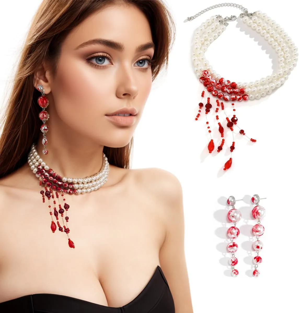 Womens Vampire Dripping Blood Imitation Pearl Necklace Jewelry Set Gothic Bloody Halloween Party Costume Accessores